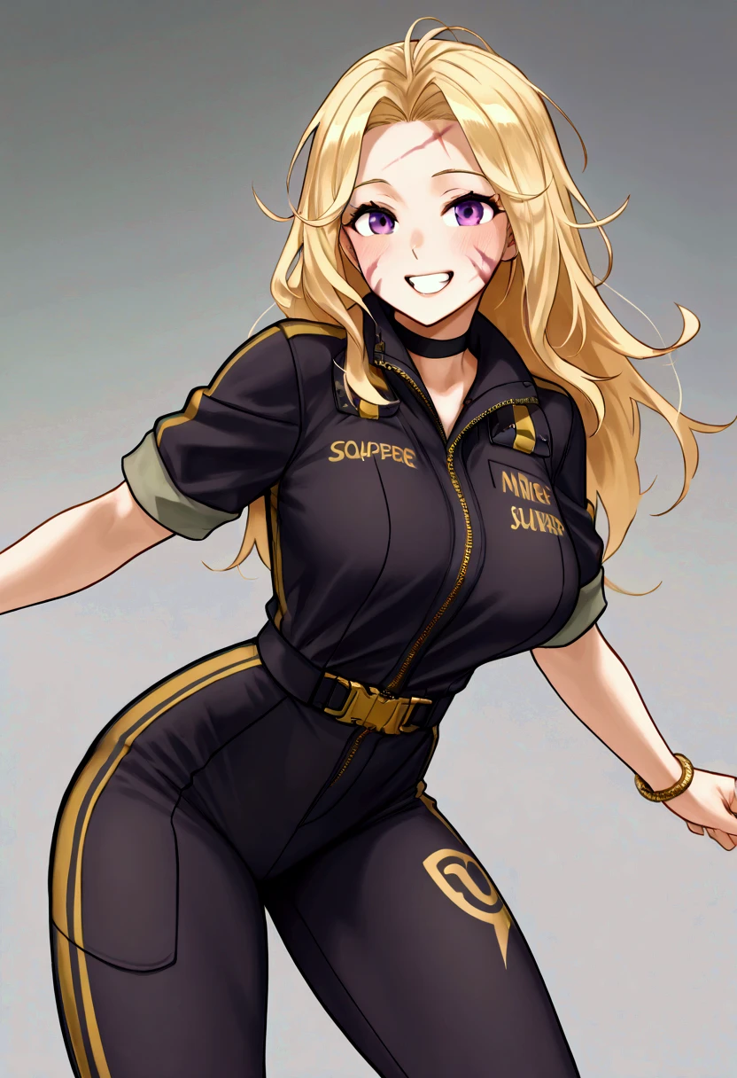 50-year-old woman, defined and strong body, bright blonde hair, messy hair, long hair without much volume, characteristic bangs on the right side of her face, some age marks on her face. Black combat jumpsuit with a high collar, short sleeves, noble gold details, wide bottom part but glued to the top, two golden bracelets. Front view, purple eyes, friendly smile, gentle but rough face, black choker(pretty, cheerful smile, milf, outfit, noble outfit, workout outfit, combat outfit, showing teeth, 50 years, old, excited smile, combat position)