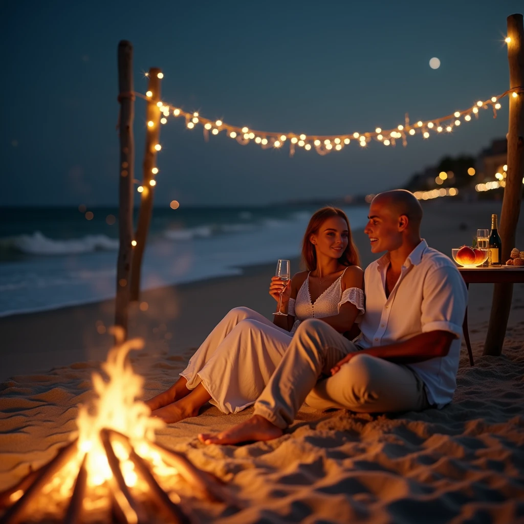 "Create a stunning, realistic New Year’s Eve beach scene at Playa de la Malvarrosa in Valencia, Spain. A warm bonfire glows in the foreground, casting a magical, golden light on three individuals seated on the sandy beach near the gently rolling waves. The sea sparkles under the moonlight, with stars twinkling above in the clear night sky.

Auri Martinez (Photo Character Reference): Depict only Auri for detailed facial and physical reference. She has deep auburn hair cascading naturally over her shoulders, emerald green eyes shimmering in the firelight, and sun-kissed skin. She’s dressed in a casual yet elegant beach outfit—a white, flowy dress that reflects her vibrant personality.
Paolo: A bald man with a neatly groomed black beard, wearing a lightweight white linen shirt and beige pants, exuding relaxed sophistication.
Girlfriend: A woman with long, golden blond hair styled in soft waves, wearing a flowing, pastel-colored maxi dress that complements the ethereal atmosphere.
They sit close to the bonfire, laughing and toasting with champagne glasses as the New Year approaches. Sparkling fairy lights are strung between two wooden stakes in the background, adding to the festive ambiance. A small table with a bottle of champagne, fresh fruit, and pastries is nearby. The waves gently crash on the shore in the background, completing the serene setting.

Render this scene in 8K Ultra HD for breathtaking detail and photorealism. Use the photo character reference exclusively for Auri to ensure her depiction is highly realistic and true to her defined features. For Paolo and the girlfriend, follow the description but avoid over-detailing them to ensure the focus remains on Auri. Capture the intricate textures of the sand, the flames of the bonfire, the fabric of their clothing, and the natural glow on their faces. The lighting should emphasize the warm hues of the bonfire while softly illuminating the surrounding beach and sea."