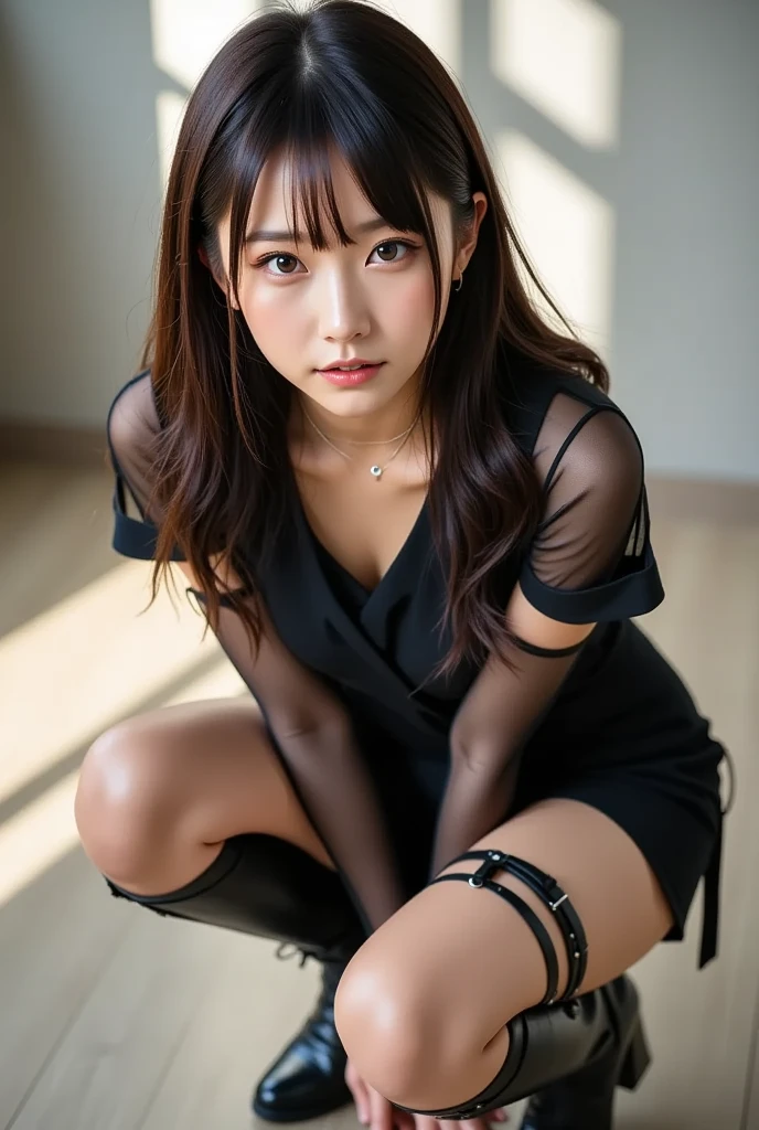 masterpiece, masterpiece, best quality, best quality, real, unity, 8k wallpaper, official art, highly detailed cg unity 8k wallpaper, ulzzang-6500, (original: 1.2), (real: 1.4), ultra detailed, high resolution, ultra detail,fantastic, fine detail, cinematic lighting, ((Long black spandex shorts: 1.37)), ((Less exposed thighs:1.2)), red ninja costumes, ninja, simple costumes, (8k, RAW photos, top quality, masterpiece: 1.27), (realistic, photorealistic: 1.37), one girl, cute, professional lighting, physically based rendering, handsome, masterpiece, top quality, high resolution, bed, sitting on knees.