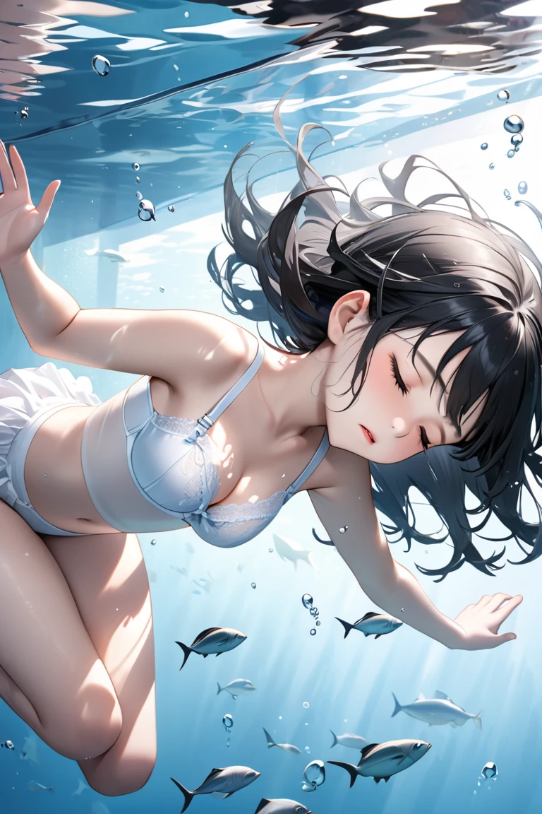 (((alone))),1 girl,(Change:1.4),(eyes closed),(face details sharp),((disgust)),(smooth skin),slim legs,Beautiful and delicate eyes,water gradient eyes,Aqua Eye,long hair,black hair, share,(Kaneko),Expose your legs,(floating:1.2),(Zero gravity:1.2),((wet clothes)),transparent,[skirt],((((wet translucent white skirt,very long skirt))),((Baogou)),Red nipples,(underwater,deep sea),(ridiculous long hair:1.3),There are many bubbles in the environment,昏暗的light,(simple black underwater background:1.3),(drowning:1.4),(clothed_:1.2),Unreal Engine, actual, Detailed rendering, Volumetric lighting, octane rendering, focus, Tyndall effect, HD, 摄影style, masterpiece, Perfect work, masterpiece, Award-winning works,intricate details，（The character occupies only one-tenth of the screen），（underwater, deep sea, （Reflective water surface：1.5）, reflection），best quality, super detailed, masterpiece, illustration, (clear background), (detail light), light, (wide high angle view: 2, ),(I am_style, rich and colorful_hair),((masterpiece)), (actual), (3D 脸:1.2), (alone:1.2), (The original), (Very detailed wallpaper), Photographic reality, very detailed illustrations, (Super intricate details), Perfect details and features, perfect details, (Super intricate details), panoramic, (cybernetic enhancement)