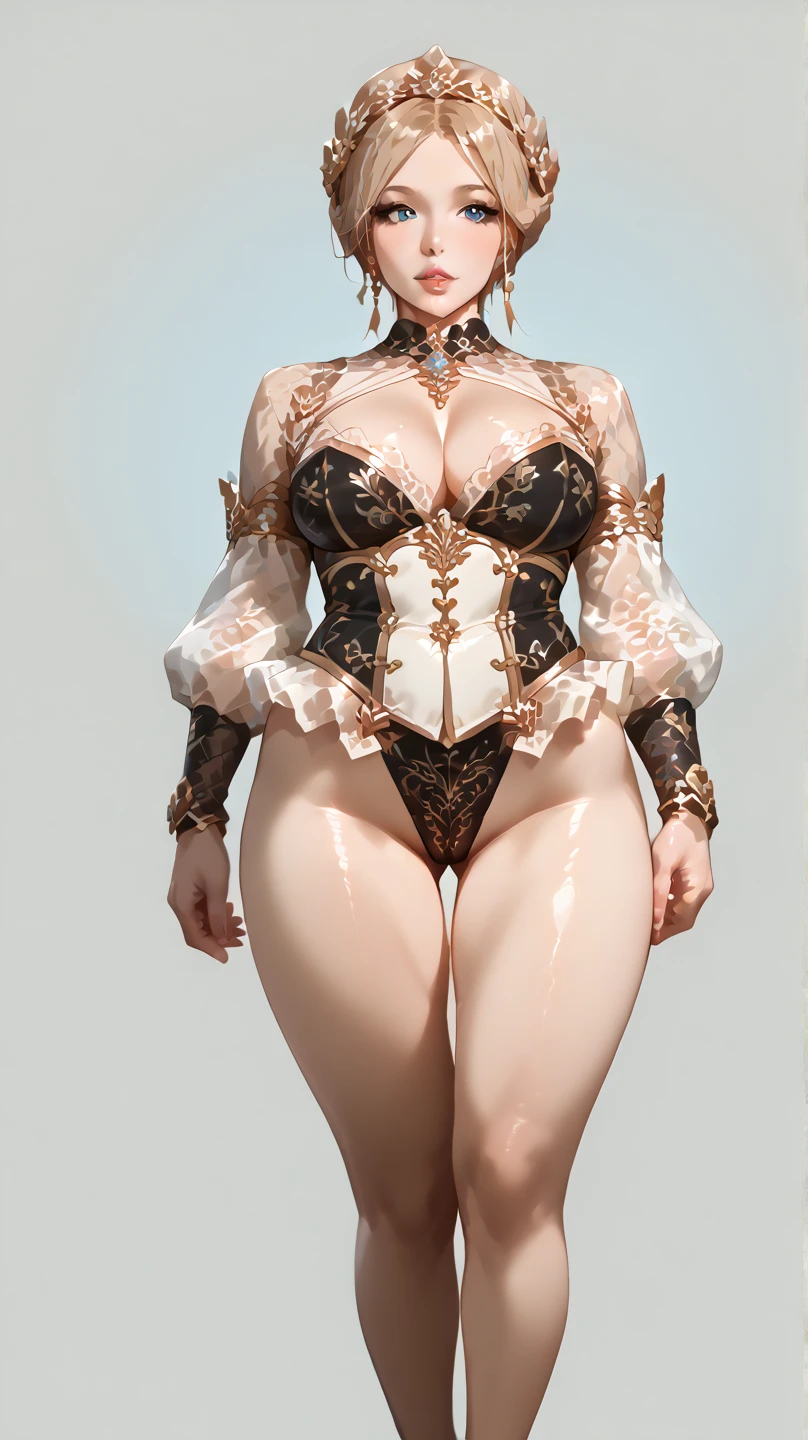 24 year old Caucasian female、Silver Hair、long hair、Hair becomes wavy、Outstanding proportions、Wear a sheer romper decorated with lace、Breasts are visible through the skin、I can see my belly button、Wear low rise leggings、Wear stiletto heels、Cowboy Shot、sexy pose、art nouveau background