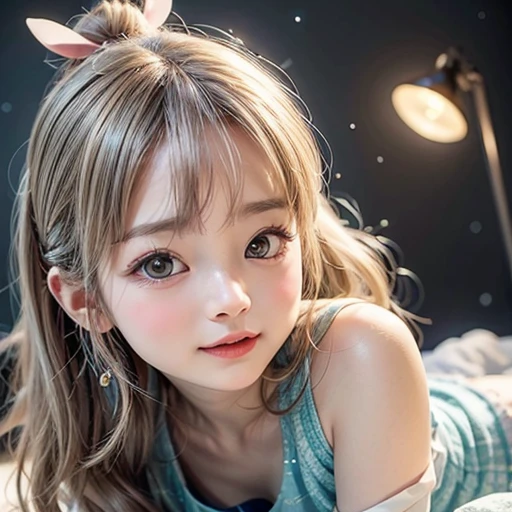 NSFW, 8k, High-level, absurd, masterpiece, best quality, primitive, very detailed CG, very detailed wallpaper, perfect lighting, Extremely detailed (((The personifying " Peko-chan Fujiya " as a ))), MysticSight, Tyndall effect, Tyndall scattering, Studio gray background with (many Dazzling RainbowColor particles BokeH:1.28), (RoundlyButts, ThighGap), (Exposed:0.4), (Assfocus with looking ahead), BREAK (NOGIZAKA face variations) Extremely Detailed very KAWAII face variations, perfect anatomy, Childish, captivating gaze, elaborate detailed Eyes with (sparkling highlights:1.28), long eyelashes、Glossy RED Lips with beautiful details, Coquettish tongue, Rosy cheeks, Radiant PearlSkin with clear transparency . { (Dynamic LifeLike expressions:1.4) | :d) }, (large eyes:-1) .
