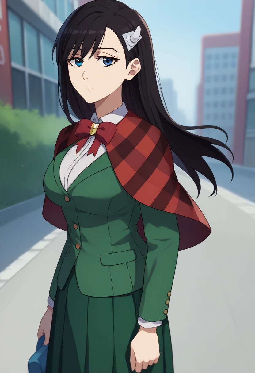 score_9, score_8_up, score_7_up, source_anime, solo, 1girl, niihashi noel, expressionless, looking at viewer, standing, hairclip, red capelet, plaid, green jacket, long sleeves, white shirt, collared shirt, red bowtie, green skirt, pleated skirt, large breasts, outdoors, city sidewalk 