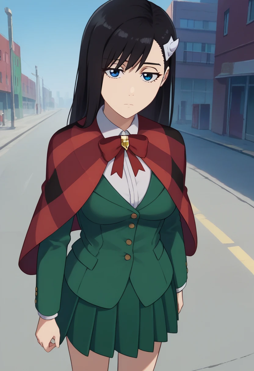 score_9, score_8_up, score_7_up, source_anime, solo, 1girl, niihashi noel, expressionless, looking at viewer, standing, hairclip, red capelet, plaid, green jacket, long sleeves, white shirt, collared shirt, red bowtie, green skirt, pleated skirt, large breasts, outdoors, city sidewalk 