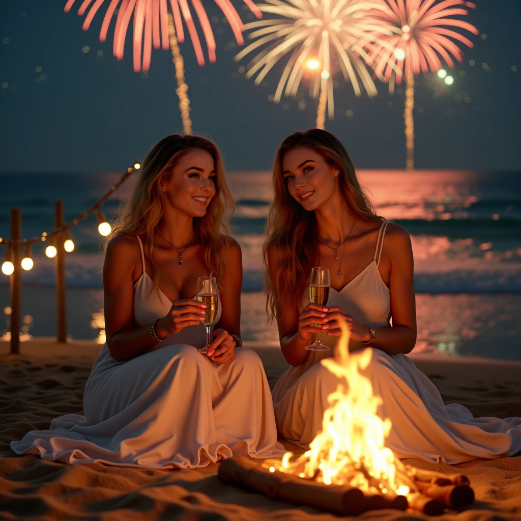 Create a captivating and realistic New Year’s Eve beach scene at Playa de la Malvarrosa in Valencia, Spain. A warm bonfire glows in the foreground, casting golden light on two women seated on the sandy beach close to the gentle waves. Above them, vibrant fireworks light up the night sky, adding festive energy to the serene coastal setting. The sea reflects the colorful firework display, and the moonlight enhances the tranquil atmosphere.

Auri Martinez (Photo Character Reference): Depict only Auri for detailed facial and physical reference. She has deep auburn hair cascading over her shoulders, emerald green eyes sparkling with joy, and sun-kissed skin glowing in the firelight. She is dressed in a flowing white beach dress that adds elegance to her natural charm.
Girlfriend: A woman with long, golden blond hair styled in loose waves. She’s wearing a soft pastel maxi dress that complements the ethereal atmosphere and reflects the shimmering colors of the fireworks.
The two women sit close together near the bonfire, laughing and enjoying the New Year's Eve celebration. Auri holds a champagne glass, while her girlfriend has her hands resting gently on her lap. The background features the sea, with its waves softly illuminated by the bonfire and fireworks. Sparkling fairy lights are strung between two wooden stakes nearby, adding to the festive ambiance.

Render this scene in 8K Ultra HD for exceptional detail and realism. Use the photo character reference exclusively for Auri to ensure her depiction is lifelike and true to her defined features. Capture intricate details like the texture of the sand, the flickering flames of the bonfire, the flowing fabric of their dresses, and the dazzling colors of the fireworks. The lighting should emphasize the warm glow of the fire while harmoniously blending with the vibrant, celebratory tones of the fireworks.