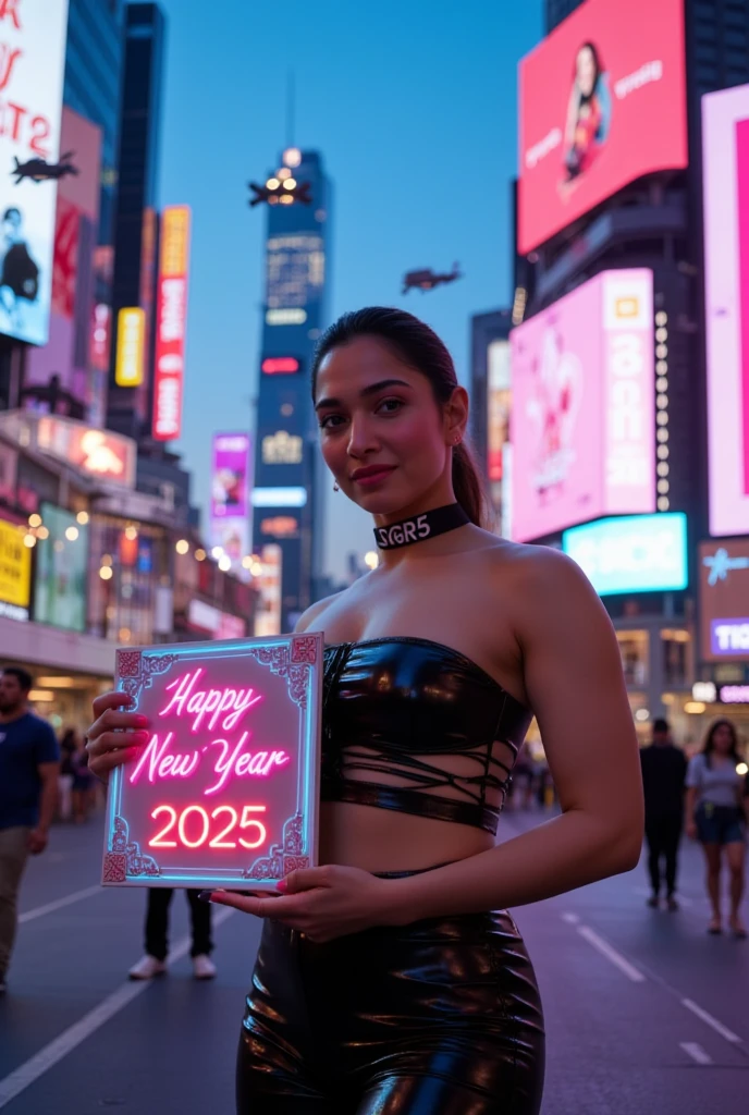 Tamannaah stands confidently in a futuristic cityscape just after sunset, with the sky still holding traces of blue and pink, contrasting with the neon lights of the city. She is positioned at a slight angle to the camera, facing slightly towards the 'Happy New Year 2025 令和1' sign she holds. Her left shoulder is closer to the camera, accentuating the curves of her form. She stands with her feet shoulder-width apart, exuding confidence and poise. The city behind her is a marvel of modern architecture, with tall buildings adorned with bright, neon-lit billboards in shades of pink, blue, and purple. Holographic advertisements float in the air, and flying cars leave trails of light in the sky, adding to the dynamic and energetic atmosphere. In the background, people are seen walking and mingling, some holding sparklers or wearing party hats, adding to the festive ambiance. She holds the sign, which is made of a lightweight, futuristic material, featuring neon accents that glow brightly against the night sky. The sign is designed with ornate corners, giving it a touch of elegance amidst the modernity. Dressed in a sleek, black, form-fitting outfit consisting of a strapless top and high-waisted bottoms, with a glossy finish that reflects the neon lights, she exudes a futuristic and elegant look. She wears a black choker with '3GR5' inscribed on it, adding an edgy touch, and has a small, barely legible tattoo or text on her chest. The scene is illuminated by vibrant neon lights, casting a colorful glow that highlights the modernity of the setting and reflects off her outfit and the sign. Tamannaah exudes confidence and joy, wearing a captivating smile that combines allure and happiness, perfectly embodying the spirit of the New Year's celebration. The image captures her in a confident and sexy pose, perfect for a futuristic New Year's celebration, with a celebratory and anticipatory atmosphere. The composition is a half-body shot, viewed slightly from the right front side,