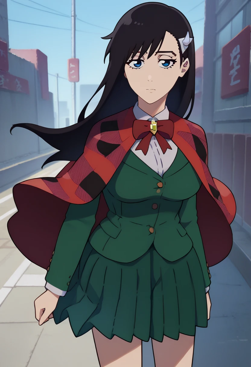 score_9, score_8_up, score_7_up, source_anime, solo, 1girl, niihashi noel, expressionless, looking at viewer, standing, hairclip, red capelet, plaid, green jacket, long sleeves, white shirt, collared shirt, red bowtie, green skirt, pleated skirt, large breasts, outdoors, city sidewalk 