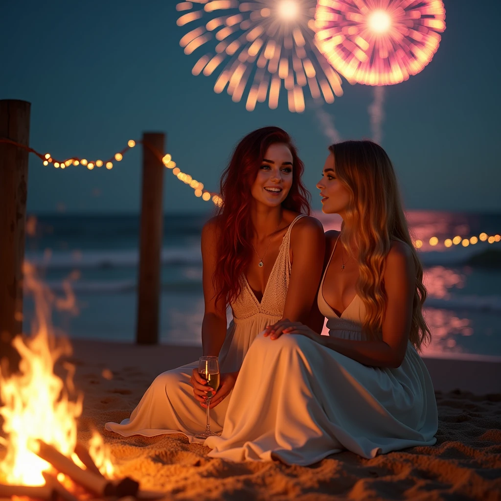 "Create a captivating and realistic New Year’s Eve beach scene at Playa de la Malvarrosa in Valencia, Spain. A warm bonfire glows in the foreground, casting golden light on two women seated on the sandy beach close to the gentle waves. Above them, vibrant fireworks light up the night sky, adding festive energy to the serene coastal setting. The sea reflects the colorful firework display, and the moonlight enhances the tranquil atmosphere.

Auri Martinez (Photo Character Reference): Depict only Auri for detailed facial and physical reference. She has deep red auburn hair cascading over her shoulders, emerald green eyes sparkling with joy, and sun-kissed skin glowing in the firelight. She is dressed in a flowing white beach dress that adds elegance to her natural charm.
Girlfriend: A woman with long, golden blond hair styled in loose waves. She’s wearing a soft pastel maxi dress that complements the ethereal atmosphere and reflects the shimmering colors of the fireworks.
The two women sit close together near the bonfire, laughing and enjoying the New Year's Eve celebration. Auri holds a champagne glass, while her girlfriend has her hands resting gently on her lap. The background features the sea, with its waves softly illuminated by the bonfire and fireworks. Sparkling fairy lights are strung between two wooden stakes nearby, adding to the festive ambiance.

Render this scene in 8K Ultra HD for exceptional detail and realism. Use the photo character reference exclusively for Auri to ensure her depiction is lifelike and true to her defined features. Capture intricate details like the texture of the sand, the flickering flames of the bonfire, the flowing fabric of their dresses, and the dazzling colors of the fireworks. The lighting should emphasize the warm glow of the fire while harmoniously blending with the vibrant, celebratory tones of the fireworks."