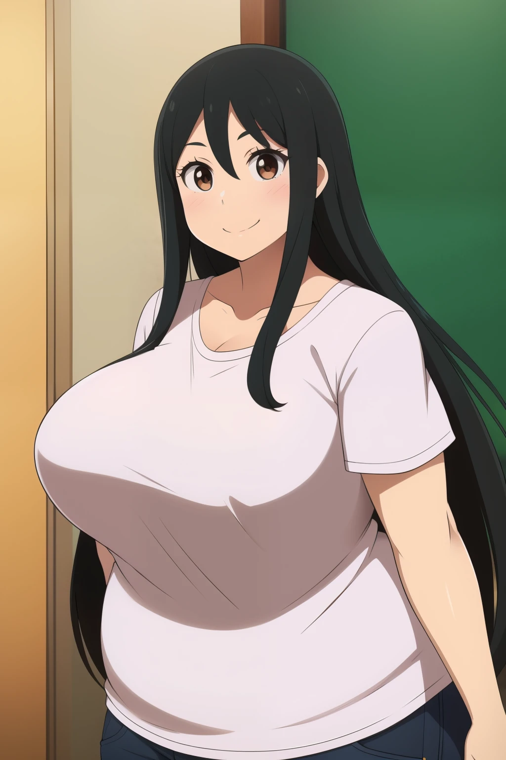 Chubby girl with big breasts black hair brown eyes happy long messy hair smiling