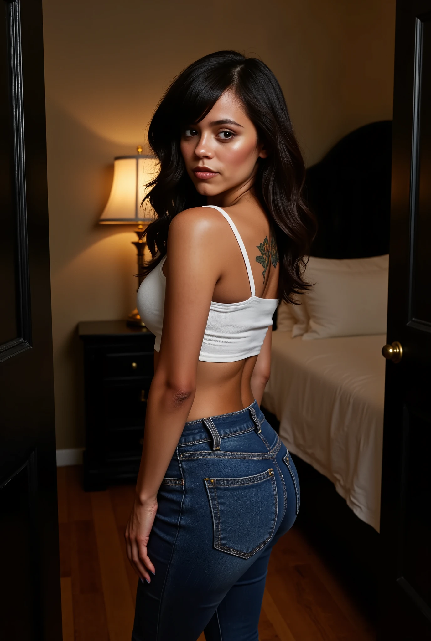 Create a stunning, high-definition, photorealistic portrait of Jenna Ortega in a seductive pose within a dimly lit bedroom. Jenna stands at 5'5" (165 cm), with a petite build and curvaceous figure, measuring 36-24-34 and weighing 130 lbs (59 kg). Her olive skin complements her dark hair, which cascades in loose waves down to her mid-back, framing her face softly. She has full lips and bright hazel eyes that seem to invite the viewer in, accented by a tattoo of a sunflower on her left shoulder.

She wears a fitted white tank top that molds to her curves, revealing her firm cleavage, paired with low-rise blue skinny jeans that hug her toned hips, round booty, and long legs. The bedroom is elegantly minimalistic, featuring a king-size bed in the background and a bedside table with a vintage lamp, casting a warm, golden glow that highlights Jenna's features.

In this half-body side view, Jenna leans against a black wooden door, looking over her left shoulder with a seductive gaze, her lips curled in a faint smile that suggests mystery and allure. The image is captured using a high-resolution camera with an 85mm lens, achieving a natural depth of field that blurs the background and keeps the focus on Jenna's captivating form.

The lighting is moody and atmospheric, with soft shadows that enhance her curves and create a sensual atmosphere. The room has warm wooden flooring and neutral-toned walls, providing a sophisticated backdrop that doesn't distract from the main subject.

The photograph should embody high-definition realism, with pixel-perfect skin texture, intricate details in her outfit and hairstyle, and a resolution suitable for large-format printing. It should appear as though it was taken by a professional photographer, with no digital artifacts or signs of manipulation, perfectly capturing Jenna's confidence and allure in this intimate and alluring setting.