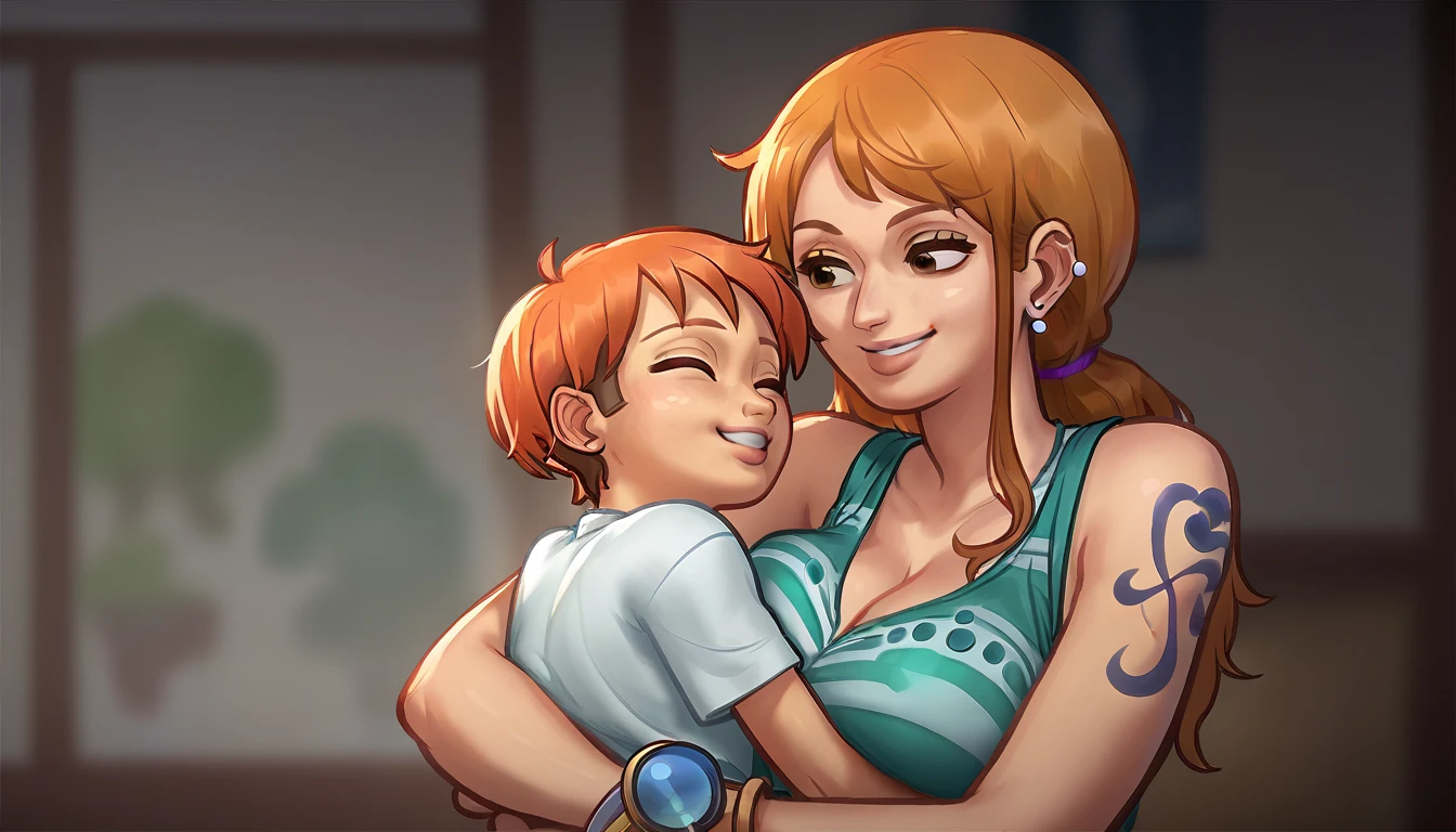 (1girl, nami, smile), hug, small male shota, size difference, age difference,