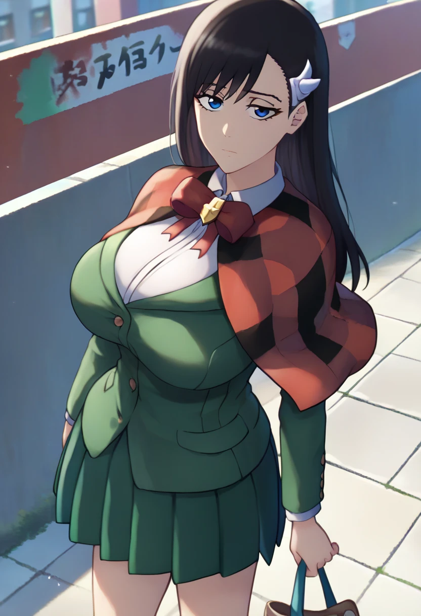 score_9, score_8_up, score_7_up, source_anime, solo, 1girl, niihashi noel, expressionless, looking at viewer, standing, hairclip, red capelet, plaid, green jacket, long sleeves, white shirt, collared shirt, red bowtie, green skirt, pleated skirt, (large breasts:1.5), outdoors, city sidewalk 