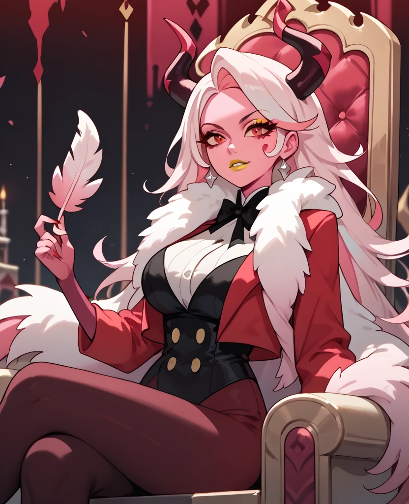 woman, big breasts, yellow lipstick, white hair, light pink hair, multicolored hair, long hair, horns, red eyes, pink skin, fusion, anime style, red suit, sitting on a throne, pink feather scarf, hell, solo, Charlie 