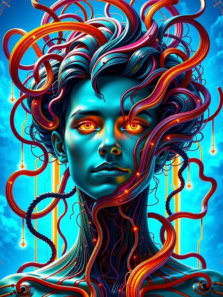 Create a surreal scene featuring a character whose man face is melting and distorting into a swirling vortex of vibrant, fluid colors. Their piercing, glowing eyes shine through the chaos, exuding an intense, otherworldly energy. The background is an electric blue sky, interwoven with intricate, tendril-like strands of circuitry that twist and curl around the man figure's distorted face, as if the technology is merging with their essence. This futuristic, dreamlike atmosphere is bathed in soft, ethereal lighting, with pulsing neon accents that add a sense of motion and depth to the scene.