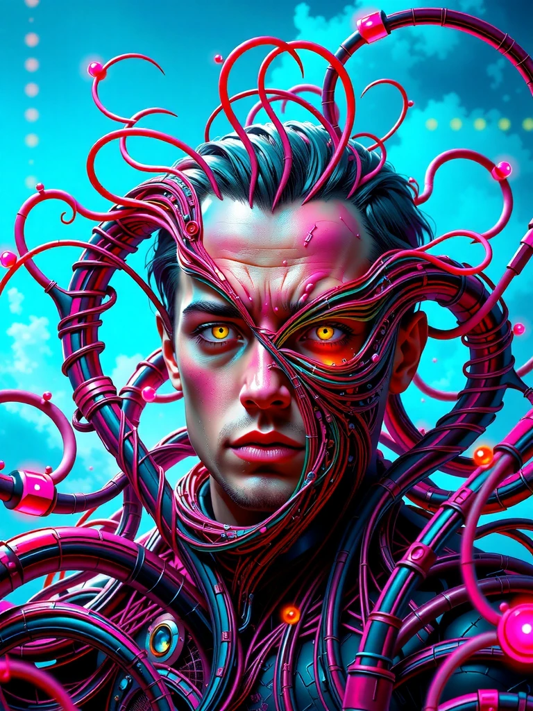 Create a surreal scene featuring a character whose man face is melting and distorting into a swirling vortex of vibrant, fluid colors. Their piercing, glowing eyes shine through the chaos, exuding an intense, otherworldly energy. The background is an electric blue sky, interwoven with intricate, tendril-like strands of circuitry that twist and curl around the man figure's distorted face, as if the technology is merging with their essence. This futuristic, dreamlike atmosphere is bathed in soft, ethereal lighting, with pulsing neon accents that add a sense of motion and depth to the scene.