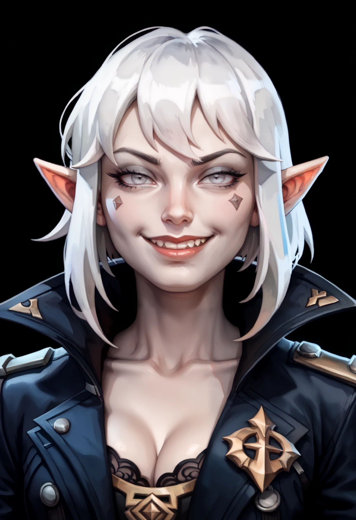 one woman, briar from league of legends, (pale skin, grey skin:1.3), pointy ears, sharp teeth, (pale eyes:1.2), white hair, straight bangs, (upper body:1.3), (black background, clear background:1.5), (black military jacket:1.2), (studio lights, deep shadows:1.3), (smug face:1.2), (big chest:1.2)
