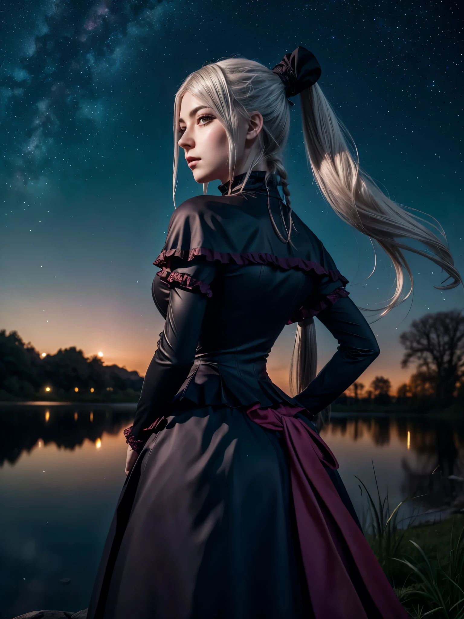 shalltear bloodfallen, shalltearcostume, ponytail, outdoors, (night, starry sky:1.2), masterpiece, arms behind back, best quality, 1girl, full body, closed mouth, lake, reflection, outdoors, official wallpaper