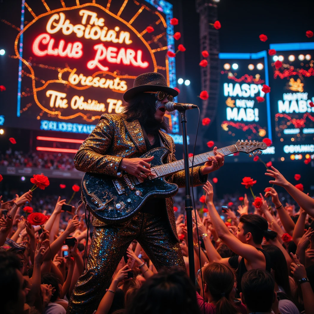 Stadium Blues Rock concert. The band "The Obsidian Flow Project" rocks the stage. The focus on their lead singer and guitarist, Obsidian Crow, a muscular humanoid crow donned in an ornate black and gold shining suit made if diamonds, a black fedora pulled low and large diamond studded sunglasses. The jumbotrons shows the concert and reads "Happy New Year, MAB!". Large neon sign says "Club Pearl presents The Obsidian Flow Project". Plays on stage facing the crow. Camera flashes can be seen in the crowd. Obsidian dynamically plays his guitar while singing to a retro microphone. The crowd is theowing roses on stage at him. Dynamic Posing, High Resolution, Masterpiece, Award Winning, Super Detailed, Cinematic, Cinematography, Hyperrealism, Depth Of Field, Image Fill. 