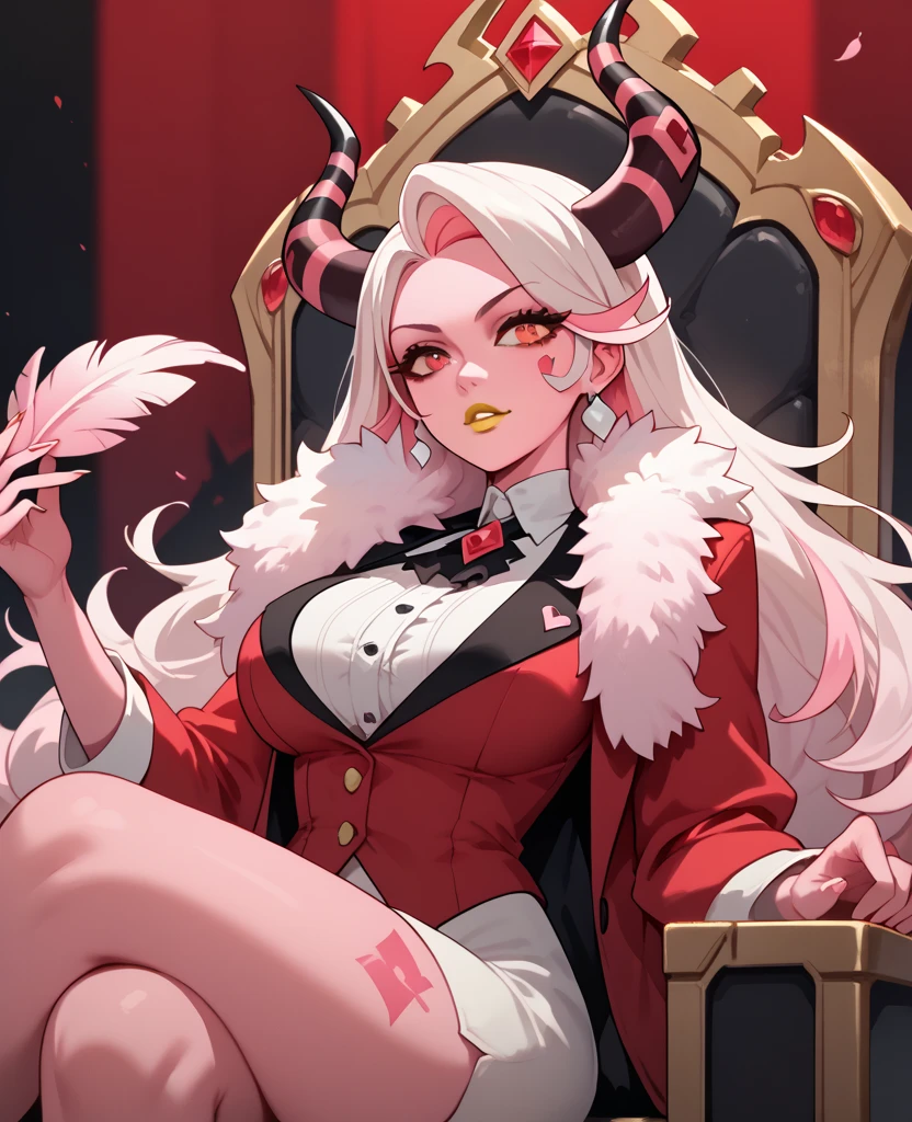 woman, big breasts, yellow lipstick, white hair, light pink hair, multicolored hair, long hair, horns, red eyes, pink skin, fusion, anime style, red suit, sitting on a throne, pink feather scarf, hell, solo, Charlie 