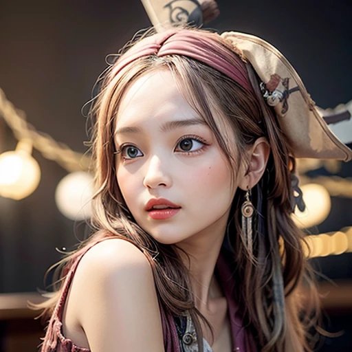 8K, ultra hd, masterpiece, 1 girl, good face, detailed eyes, very long hair, detailed lips, small breasts, (fantasy:1.2), (ultra detailed:1.5), (pirate outfit:1.5), ((pink outfit)), titanic ship, sea, gun in hand, (perfect body),