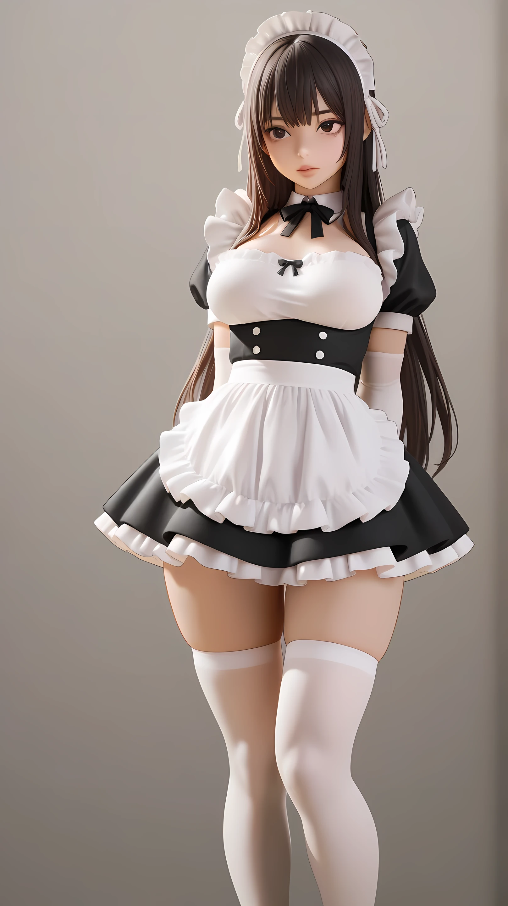 girl wearing maid outfit。Beautiful figure in white stockings, perfect body proportions 。Peerless beauty。Detailed hand details。spoony。Shoes for perfect facial proportions。shy