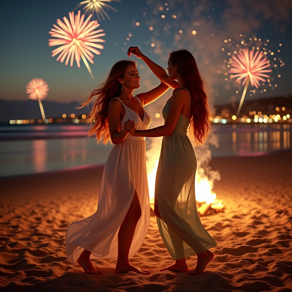 Create a magical New Year’s Eve beach scene at Playa de la Malvarrosa in Valencia, Spain. Auri Martinez and her girlfriend are dancing near a glowing bonfire on the sandy beach, with vibrant fireworks lighting up the night sky above them. The gentle waves in the background reflect the shimmering colors of the firework display, adding to the festive atmosphere. The scene exudes joy, celebration, and intimacy.

Auri Martinez (Photo Character Reference): Depict only Auri for detailed facial and physical reference. She has deep auburn hair that flows gracefully as she moves, emerald green eyes sparkling with excitement, and sun-kissed skin illuminated by the bonfire’s glow. She is wearing a simple, flowing white beach dress that enhances her natural beauty and sways beautifully with her movements.
Girlfriend: A woman with long, golden blond hair styled in loose waves. She is wearing a pastel maxi dress that reflects the warm tones of the bonfire and the vibrant hues of the fireworks. Her movements are fluid and full of joy as she dances with Auri.
The two women are barefoot, their dresses swirling as they dance close to the bonfire, their laughter and smiles capturing the carefree spirit of the moment. Auri holds one hand up as if twirling her girlfriend, while her other hand is free, adding elegance to her pose. The girlfriend mirrors Auri’s movements, creating a sense of harmony and connection between them. In the background, the sea glimmers softly, and the fireworks explode in colorful bursts, adding energy and grandeur to the scene.

Render this scene in 8K Ultra HD for lifelike detail and realism. Use the photo character reference exclusively for Auri to ensure her features are accurate and consistent. Highlight intricate details like the glowing flames of the bonfire, the swirling fabric of their dresses, the texture of the sand underfoot, and the dynamic colors of the fireworks. The lighting should emphasize the warm glow of the fire.