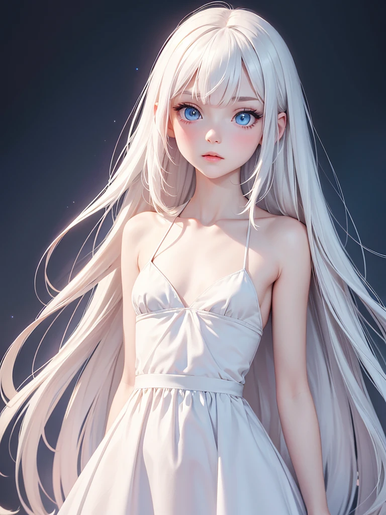 (best quality), 1girl, female, pale skin, white hair, long hair, swept bangs, straight hair, blue eyes, perfect eyes, a_line_dress, , skinny body, flat chest, blush, masterpiece, anatomically correct, highres