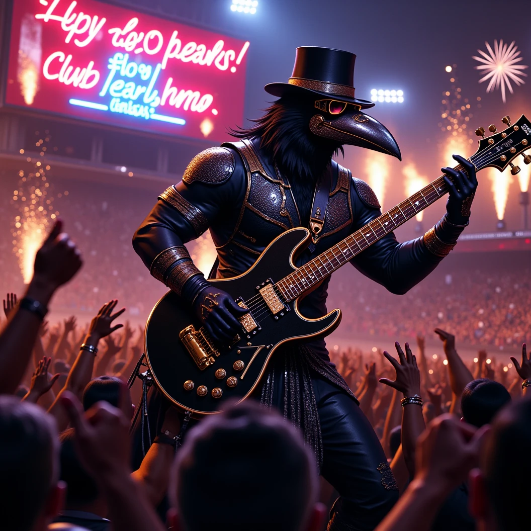 Muscular Anthropomorphic raven donned in intricate black suit with gold trim made of diamonds and a black diamond fedora. Diamonds cover his beak. Dynamically singing and guitar playing. Wears large sunglasses. Obsidian, the lead singer and guitarist of the "Obsidian Flow Project", printed on the bass drum. Dynamically sings to a retro style microphone while dynamically playing his guitar. Spotlight on him. Behind the open air stage, a neon sign says "Live from Club Pearl". Fireworks burst. New Years Eve stadium concert, with a huge crowd cheering at him, facing him, their hands in the air as they scream in excitement. Crowd is facing Obsidian as he plays. The phrase "Happy New Year, MAB!!!" flashes on the stadium jumbotron. Dynamic blues band scene, dynamic pose, High Resolution, Masterpiece, Cinematic, Character Design, Hyperdetailed, Cinematography,  cinematic lighting, Depth Of Field, Sparkle, Ray Tracing, Image Fill, Realistic posing