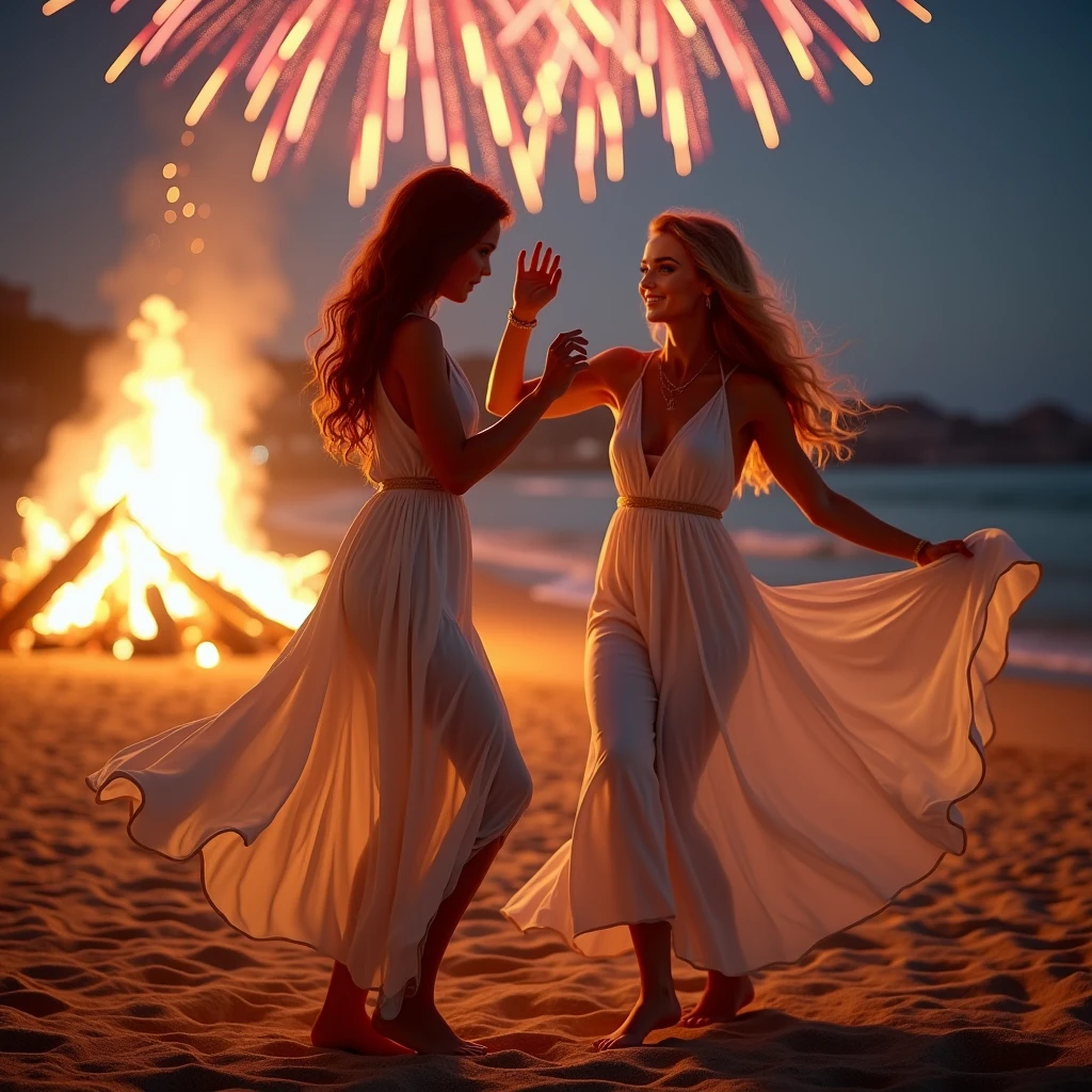 Create a magical New Year’s Eve beach scene at Playa de la Malvarrosa in Valencia, Spain. Auri Martinez and her girlfriend are dancing near a glowing bonfire on the sandy beach, with vibrant fireworks lighting up the night sky above them. The gentle waves in the background reflect the shimmering colors of the firework display, adding to the festive atmosphere. The scene exudes joy, celebration, and intimacy.

Auri Martinez (Photo Character Reference): Depict only Auri for detailed facial and physical reference. She has deep auburn hair that flows gracefully as she moves, emerald green eyes sparkling with excitement, and sun-kissed skin illuminated by the bonfire’s glow. She is wearing a simple, flowing white beach dress that enhances her natural beauty and sways beautifully with her movements.
Girlfriend: A woman with long, golden blond hair styled in loose waves. She is wearing a pastel maxi dress that reflects the warm tones of the bonfire and the vibrant hues of the fireworks. Her movements are fluid and full of joy as she dances with Auri.
The two women are barefoot, their dresses swirling as they dance close to the bonfire, their laughter and smiles capturing the carefree spirit of the moment. Auri holds one hand up as if twirling her girlfriend, while her other hand is free, adding elegance to her pose. The girlfriend mirrors Auri’s movements, creating a sense of harmony and connection between them. In the background, the sea glimmers softly, and the fireworks explode in colorful bursts, adding energy and grandeur to the scene.

Render this scene in 8K Ultra HD for lifelike detail and realism. Use the photo character reference exclusively for Auri to ensure her features are accurate and consistent. Highlight intricate details like the glowing flames of the bonfire, the swirling fabric of their dresses, the texture of the sand underfoot, and the dynamic colors of the fireworks. The lighting should emphasize the warm glow of the fire.