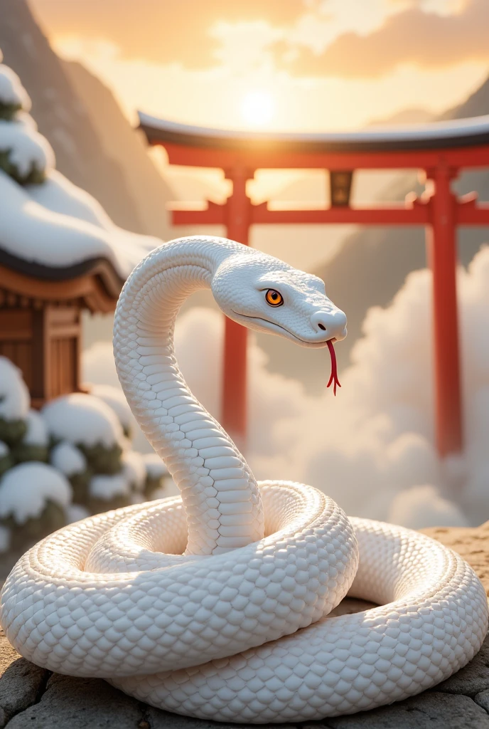 The photo reads "2025 Resurrection and Rebirth" in gold letters. A sacred white snake is coiled gracefully. Its shimmering scales have a pale pink petal pattern and reflect light like glass. The snake is calm, showing its red tongue and gazing at the viewer with its shining crimson eyes, exuding strength and grace. In the background, a shining spiritual cloud covers the image, a vermilion torii gate can be faintly seen in the distance, and the morning sun is about to rise, front view,