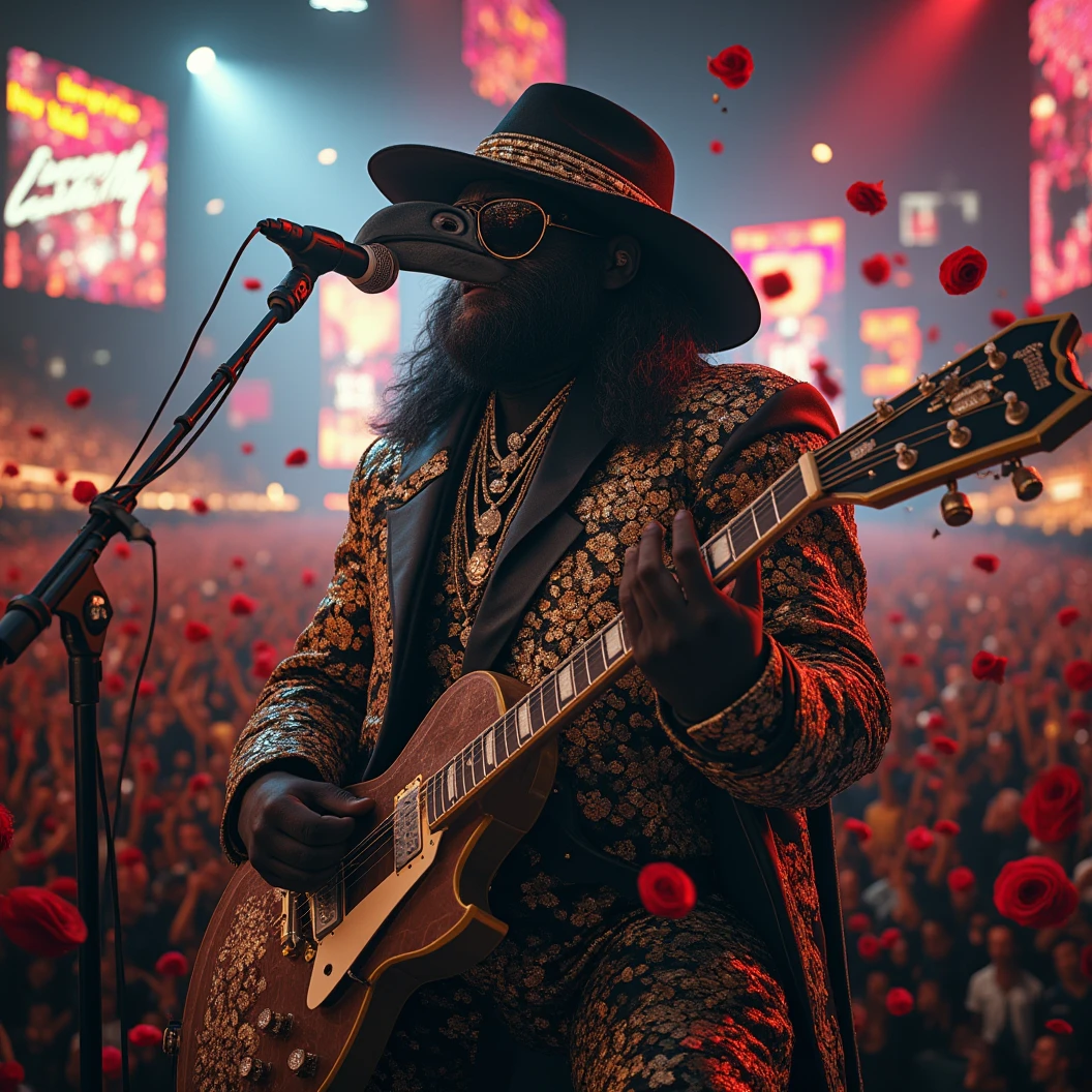 Stadium Blues Rock concert. The band "The Obsidian Flow Project" rocks the stage. The focus on their lead singer and guitarist, Obsidian Crow, a muscular humanoid crow donned in an ornate black and gold shining suit made if diamonds, a black fedora pulled low and large diamond studded sunglasses. The jumbotrons shows the concert and reads "Happy New Year, MAB!". Large neon sign says "Club Pearl presents The Obsidian Flow Project". Plays on stage facing the crow. Camera flashes can be seen in the crowd. Obsidian dynamically plays his guitar while singing to a retro microphone. The crowd is theowing roses on stage at him. Dynamic Posing, High Resolution, Masterpiece, Award Winning, Super Detailed, Cinematic, Cinematography, Hyperrealism, Depth Of Field, Image Fill. 