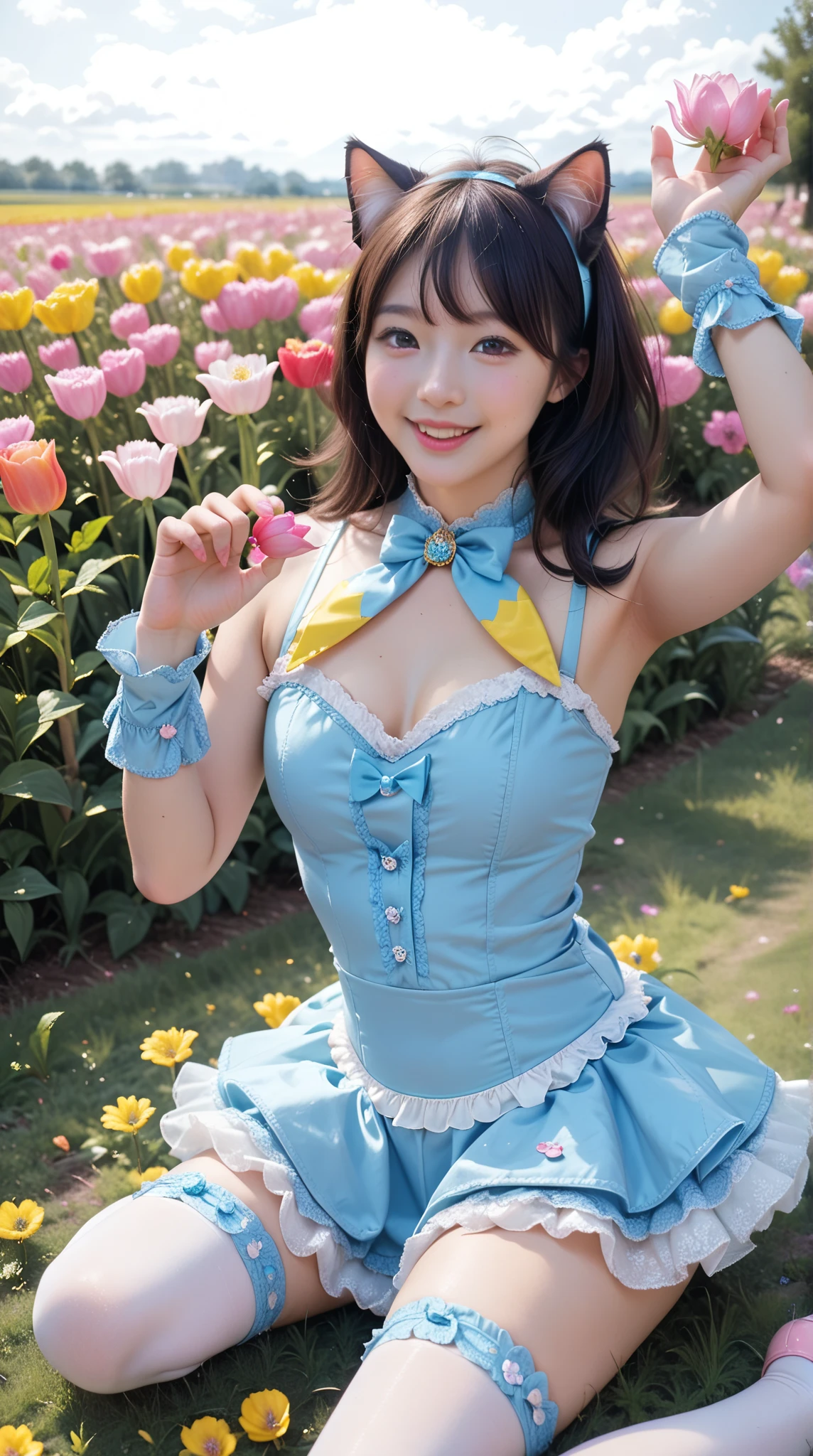 (realistic:2),(masterpiece:2), (highest quality:2),(High-definition face drawing:1.4),(RAW photo:1.3),,(cinematic natural light effects:1.3)(everything is beautiful and perfectly balanced), (Smile of a very happy teenage girl:1.2),(Japanese: 1.2),(small face:1.2), (dynamic pose:1.5), (Large eyes with good balance between both eyes:1.5), (Colorful idol costumes that show cleavage and armpits: 1.3), (Colorful idol costumes that show the navel and thighs: 1.2), (Idol costumes that have see-through underwear-like designs and many frills: 1.3), (See-through Idol costumes with lots of frills: 1.2), (Idol costumes with lots of colorful ribbons: 1.4), (Pastel colors: 1.2), (A garden with multiple flowers blooming, a secret garden:1.2), extreme light effects, blonde hair