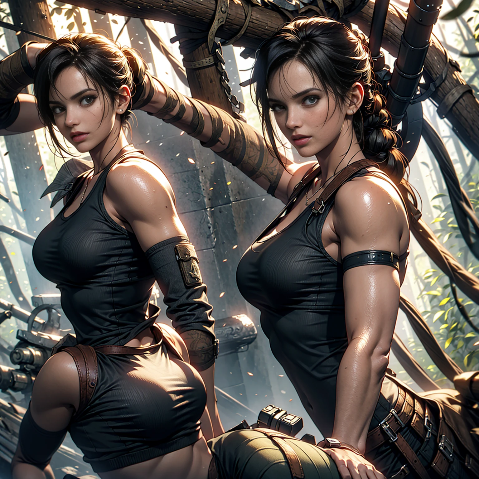 jungle woman, loin cloth, thick thighs, body paint, armpit, savage pose, messy hair, wearing ropes, simple clothing