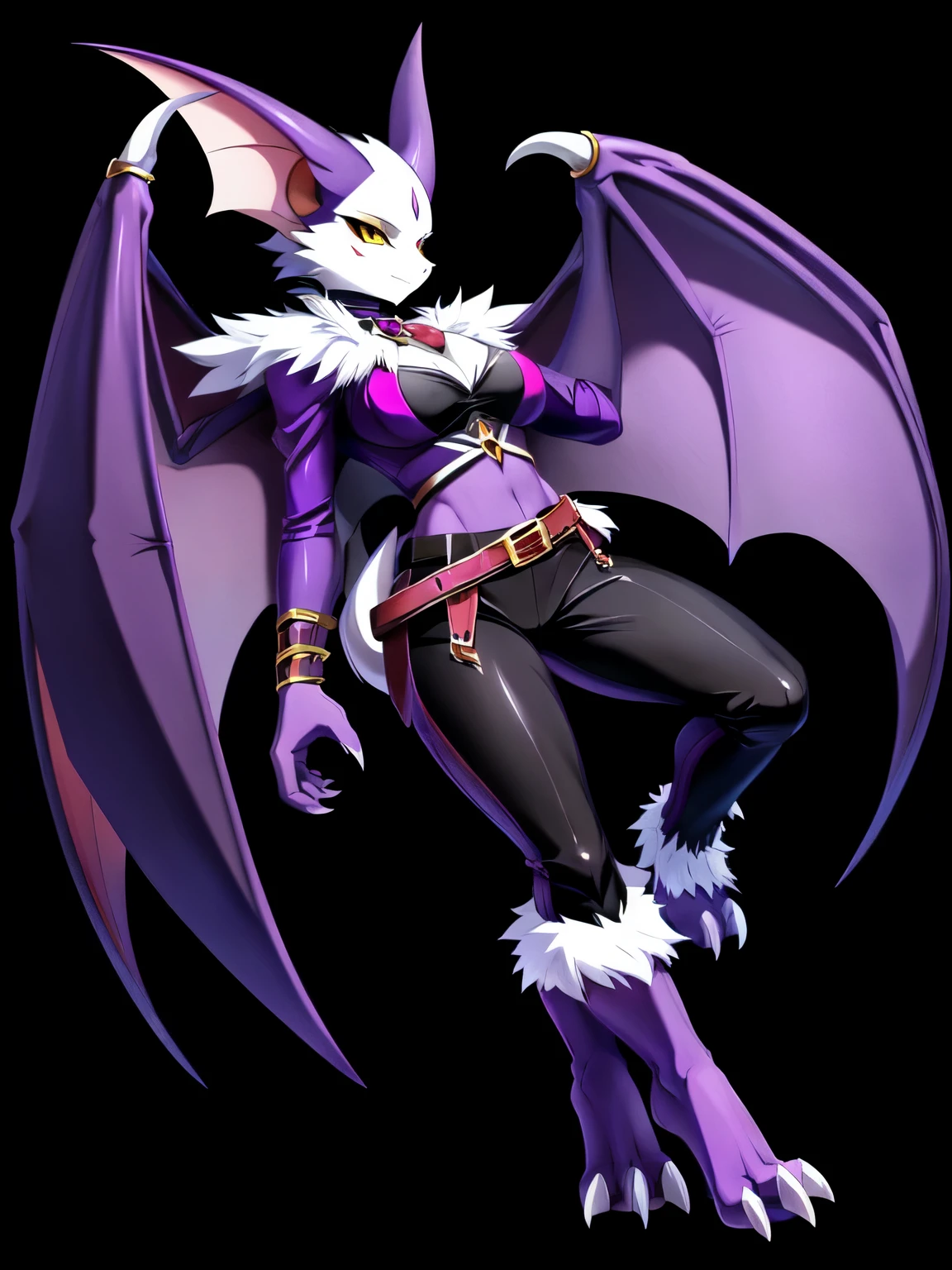 anime, anime style, Anthro bat character, sleek  figure, ((purple skin)), clawed hands, dragon hands, ((clawed feet)), ((Scaled feet)), ((Three toes)), ((Three claws on feet)), bat wings, pointed bat ears , wearing multiple belts, belts on wrists, belts on ankles, stylish outfit, black and purple clothes, ((plush white fur on shoulders)), ((white face)), neutral expression, vivid yellow eyes, solid black background, highly detailed anime style, clean lines, monster girl, beautiful demoness, female demon, gorgeous demon girl, hourglass figure