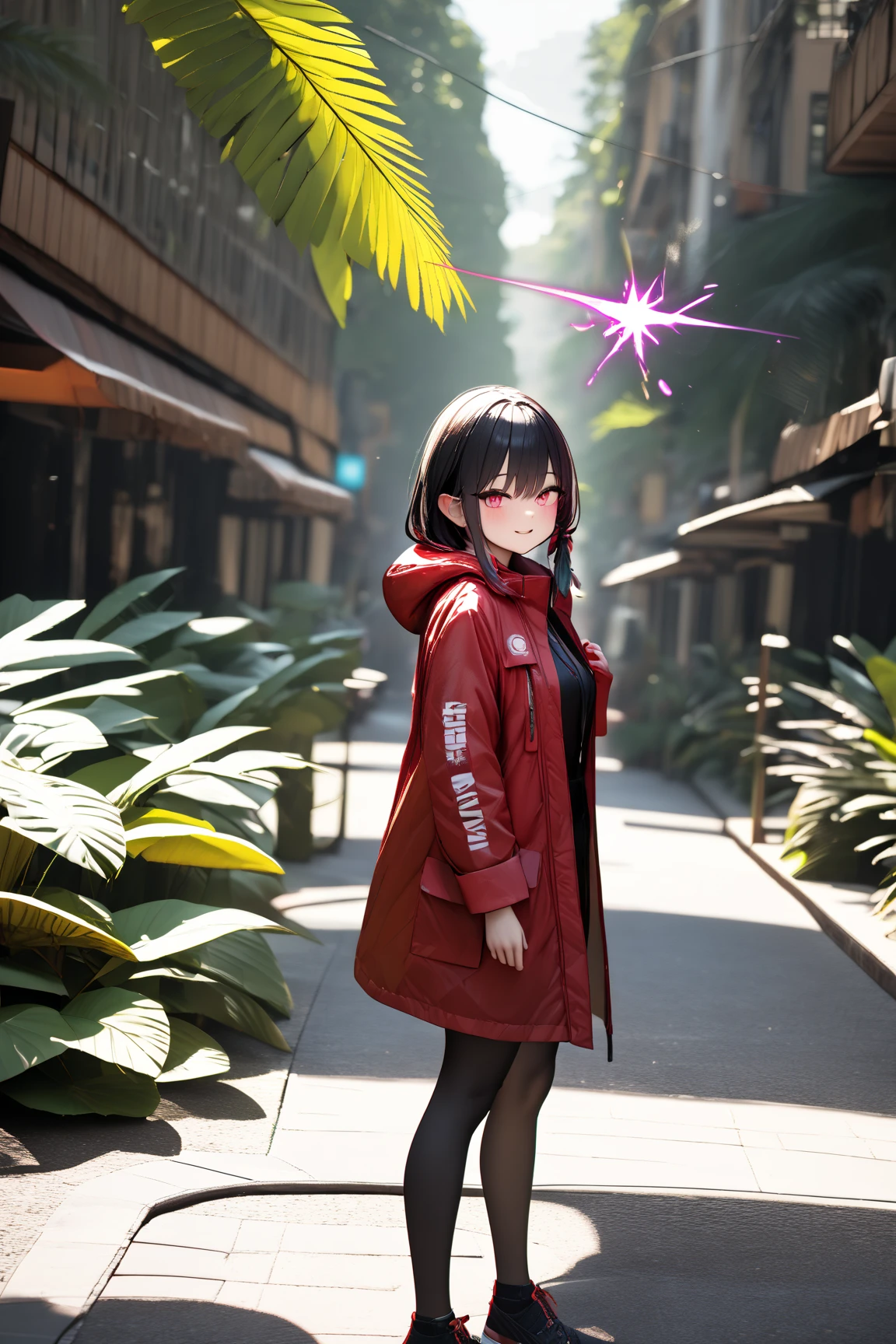 solo,1girl\((haruna:1.3),(haruna:1.3), adult,black hair, cute, beautiful, beautiful eyes, red survival coat, glowing eye, (psychic purple spark aura)\), background\((Jungle:1.3) urban city)\). beautiful bokeh,(dynamic angle), 3d, landscape. (masterpiece, best quality), amazing quality, very aesthetic, absurdres, highres, newest, HDR, 8K, high detail RAW color art, intricate details, high contrast, photo-referenced, detailed background,