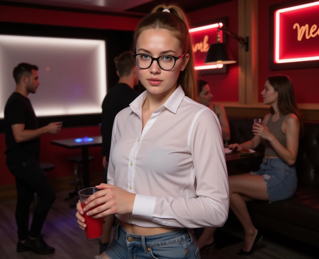 Full length portrait of a beautiful 24 year old blonde woman, lolalove, wearing a radiant red dress with front knot, yellow jacket, she sits in a crowded nightclub, colorful neon lights, 24mm canon lens, night , realistic portrait, Very detailed, analogue style, deep cleavage, in a mirror, sexy pose, big breasts, nerdy glasses