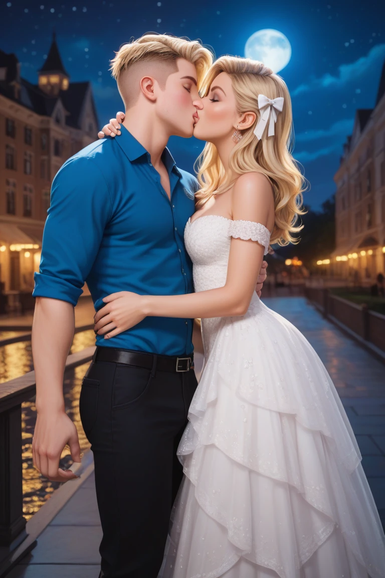  Screenshot of Miracoluos ladybug , Teenager woman,white, blonde hair in a bow ,dressed in a black mermaid-cut dress , with a teenage male ,white,cabello amarillo, dressed in a blue shirt and black pants, posing at the profile camera  , kissing each other on the lips , holding hands , takes close , on the Paris Bridge at night under the moon .