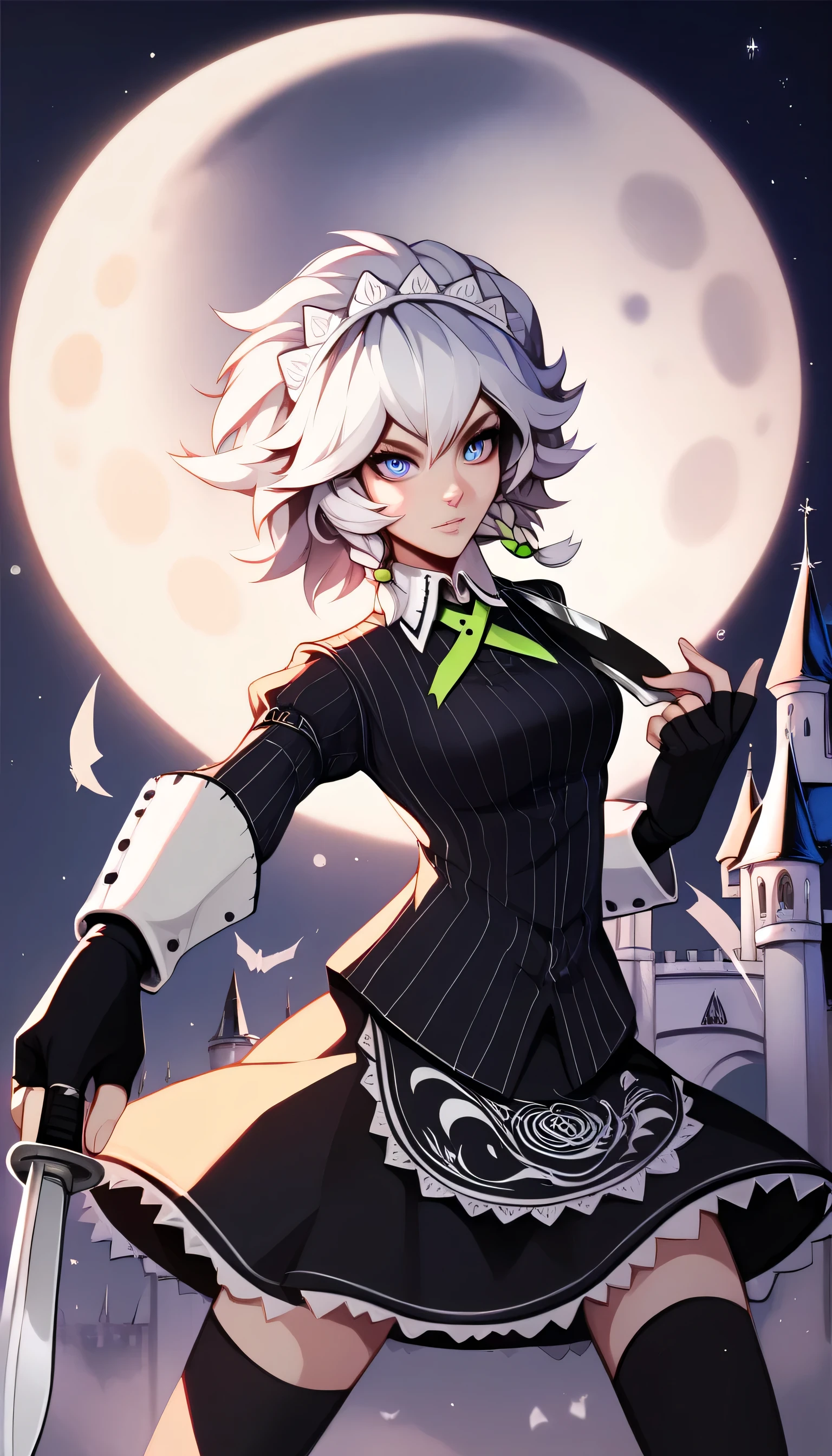 holding_Knife ,kdizay0i, white hair, twin braids, blue eyes
maid headdress, striped clothes, black shirt, striped shirt, collared shirt, long sleeves, black gloves, fingerless gloves, black skirt, black thighhighs, Castle,moon,Bat,Nights,