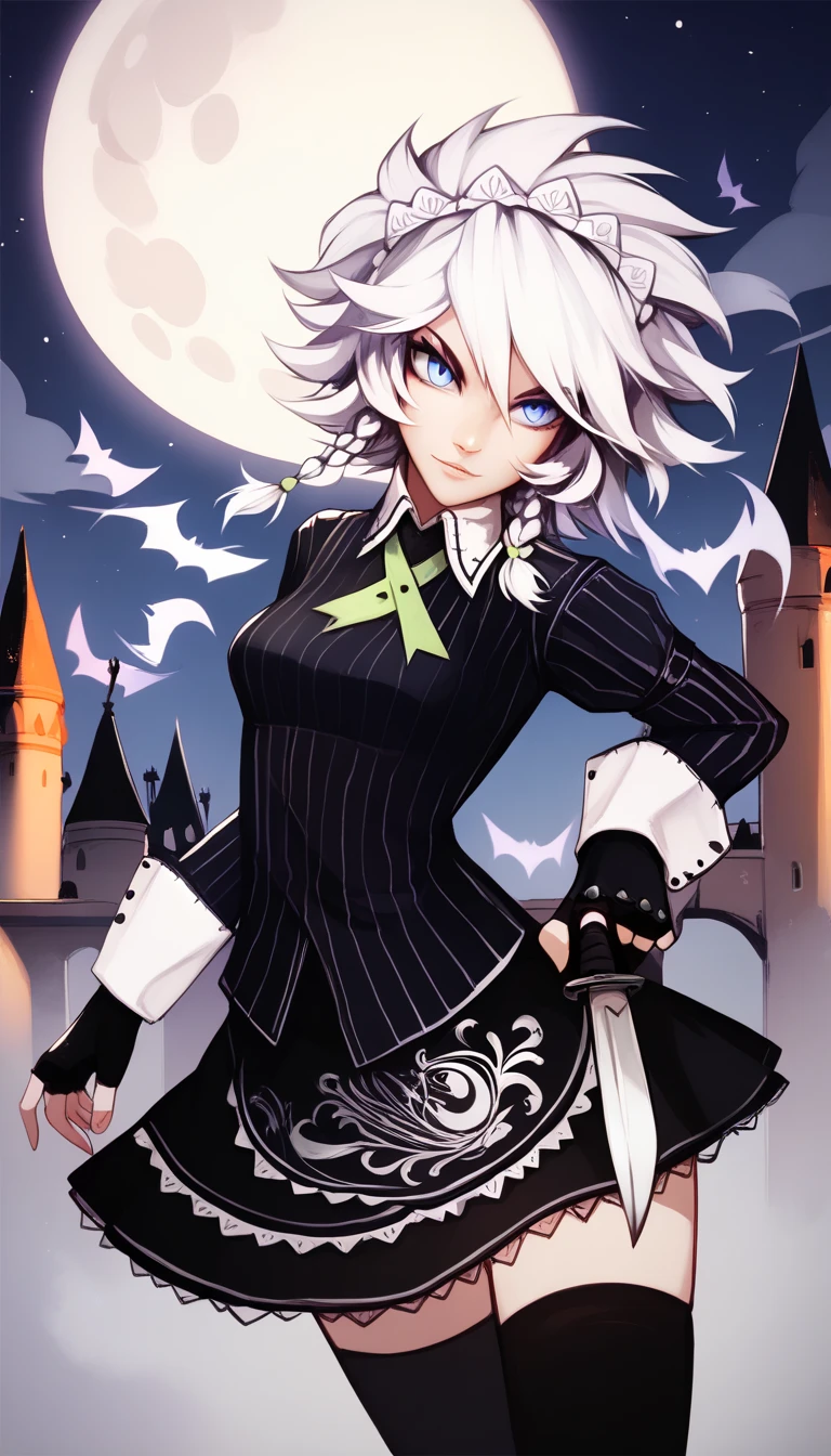 holding_Knife ,kdizay0i, white hair, twin braids, blue eyes
maid headdress, striped clothes, black shirt, striped shirt, collared shirt, long sleeves, black gloves, fingerless gloves, black skirt, black thighhighs, Castle,moon,Bat,Nights,