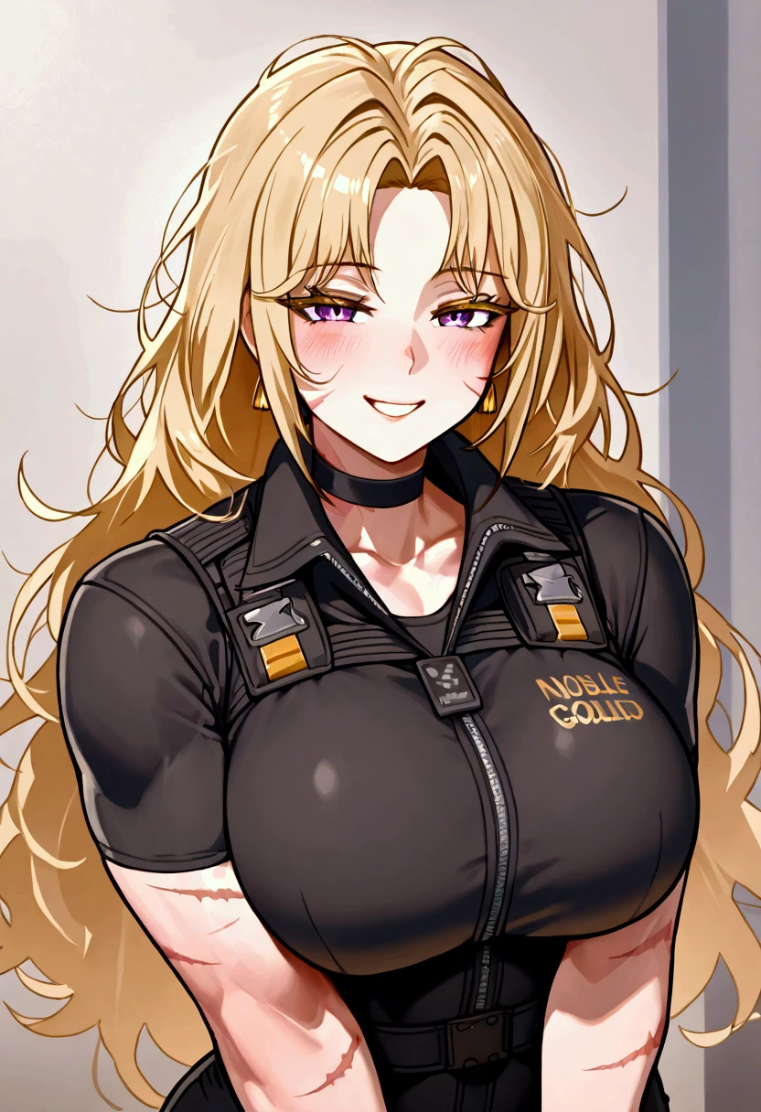 50-year-old woman, defined and strong body, bright blonde hair, messy hair, long hair without much volume, characteristic bangs on the right side of her face, some age marks on her face. Black combat jumpsuit with a high collar, short sleeves, details in noble gold, wide bottom part but glued to the top, two golden bracelets, black vest top, two large golden earrings. Front view, purple eyes, friendly smile, sweet but rough face, showing teeth in a confident smile, wide back, black choker (pretty, cheerful smile, milf, outfit, noble outfit, workout outfit, combat outfit, muscular body, scars all over the body, well-marked eyelashes, black eyeliner)