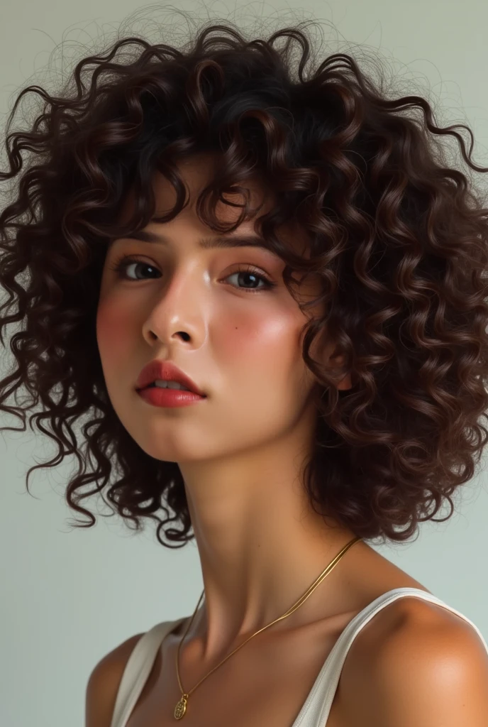 menina morera linda de cabelo cacheado.