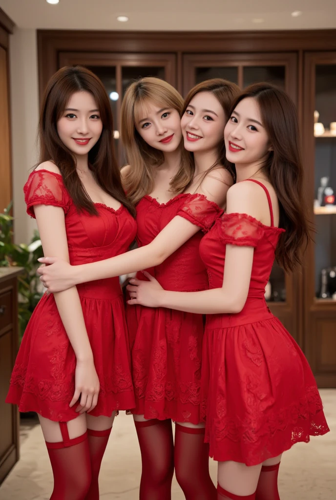 Four cute Slovak girls, appear to be *******, with cute princess-like faces, very thin skinny bodies, beautiful happy smiles, ultra realistic photo, very long hair, full body view, ultra realistic and detailed faces, real photo, playful atmosphere, 4K, UHD, , , in red thing High Stockings with Garter Belt