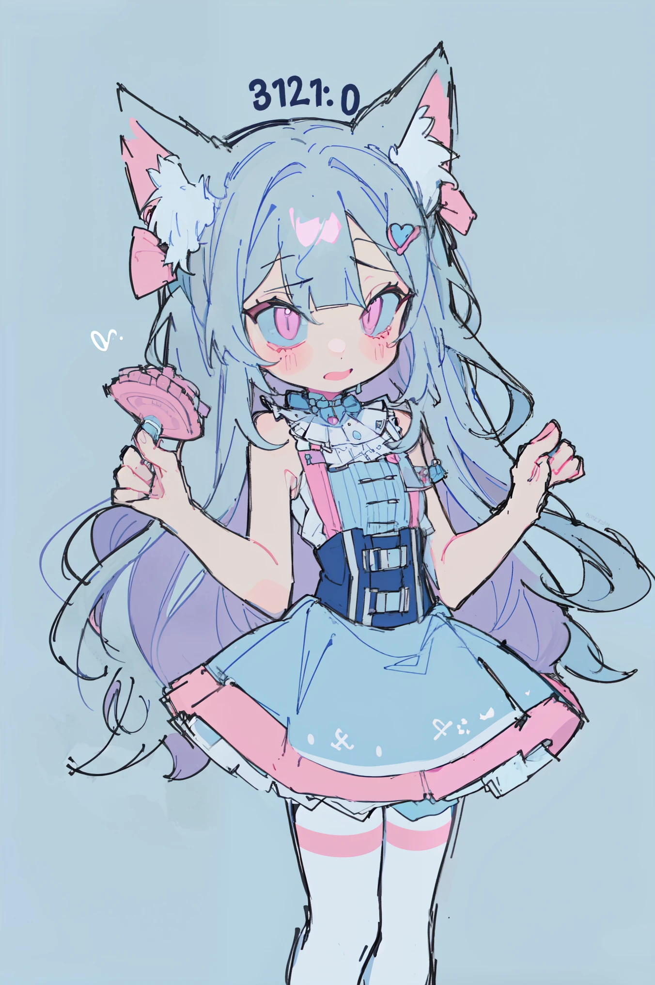 One Girl、（Light blue and pink 1:1）、cute little、Long、Wavy hair、​masterpiece、Top image quality、top-quality、witch outfit、witch's hat、A dark-haired、Very long hair，fox ears，white hair，(white pantyhose)