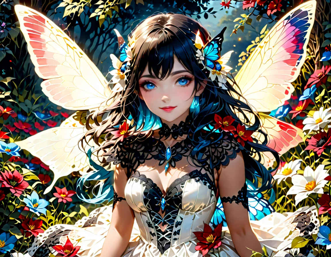 Matte painting, young fairy perched on a twisted ancient tree in an enchanted forest, surrounded by magic mystic flora, glowing wonderland ambiance, colors bursting with life, ultra high-quality, intricate wings patterns catch the light, epic sense of wonder, ominous undercurrents in the atmosphere, intricate details on the foliage and fauna, vibrant colors enhancing the whimsical yet mysterious scene, digital painting, ultra fine