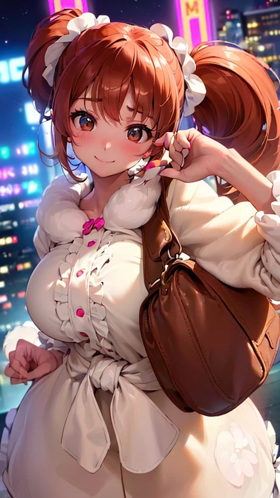 (((sloppily drooping gigantic braests:1.2)))、((tight waist))、(Woman close up)、((Depiction of the upper body))、((20-year-old  female))、((Smile))、((Hair tied back、Scrunchie、Brown Hair))、((Blushing))、((Open your mouth a little、High resolution、32K))、((Cute Duffle Coat))、((Late Night City、neon))