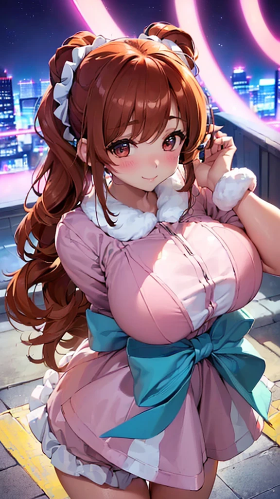 (((sloppily drooping gigantic braests:1.2)))、((tight waist))、(Woman close up)、((Depiction of the upper body))、((20-year-old  female))、((Smile))、((Hair tied back、Scrunchie、Brown Hair))、((Blushing))、((Open your mouth a little、High resolution、32K))、((Cute Duffle Coat))、((Late Night City、neon))