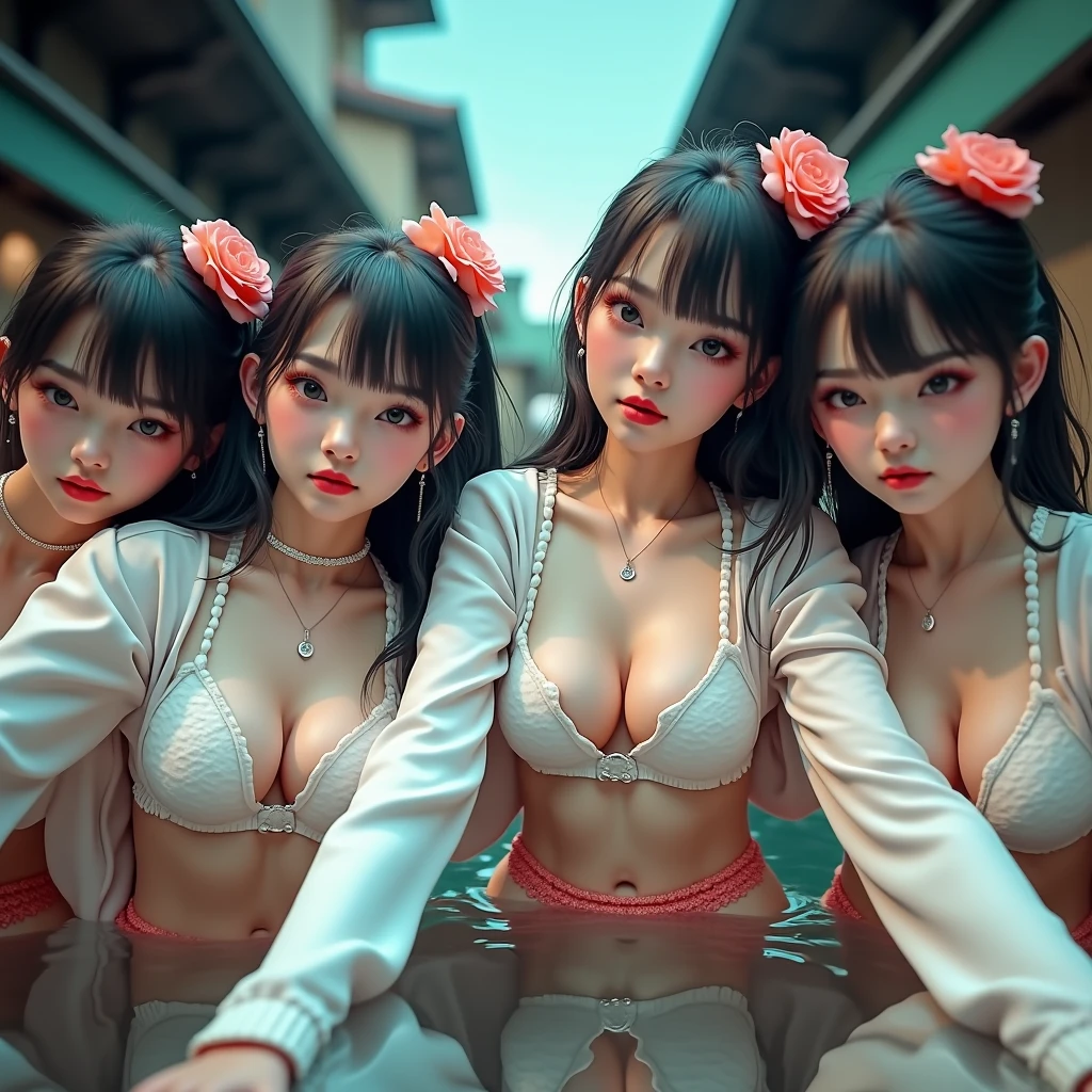 8K, Super Detail, 3D, HDR, f2.0, Full Body, Double Side by Side, 5 Head Body, , Lolita, Big , Face I Want You to Kiss, Shot from behind, Focused on the ass, Attractive ass, Thrust up the ass, Crawling on all fours, Open legs, Wink and lick with soft serve ice cream, Long beautiful legs, White wet tiny see-through bikini, sparkling silver hair mixed with blue and green and pink and purple, Hard and long pink, oversized areolas, tongue sticking out, wet skin, shiny skin, large amounts of white slime on the crotch and chest, buttocks and face