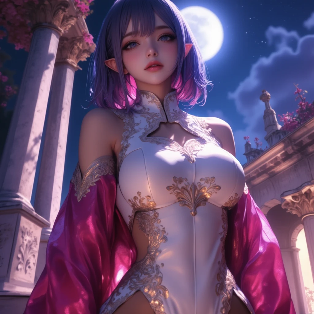 anime, elf, Dressed in the Bright Robe , gold patterns, bindings , Blue-black hair, with small pigtails, perfect , stately figure, Background Palace Chambers , Night, flowers, Shine, moonlight, moon, stars, Columns, masterpiece fails, complicated details, as much detail as possible , ultra details, better quality , 8 k, perfect, Excellent , wallpaper,