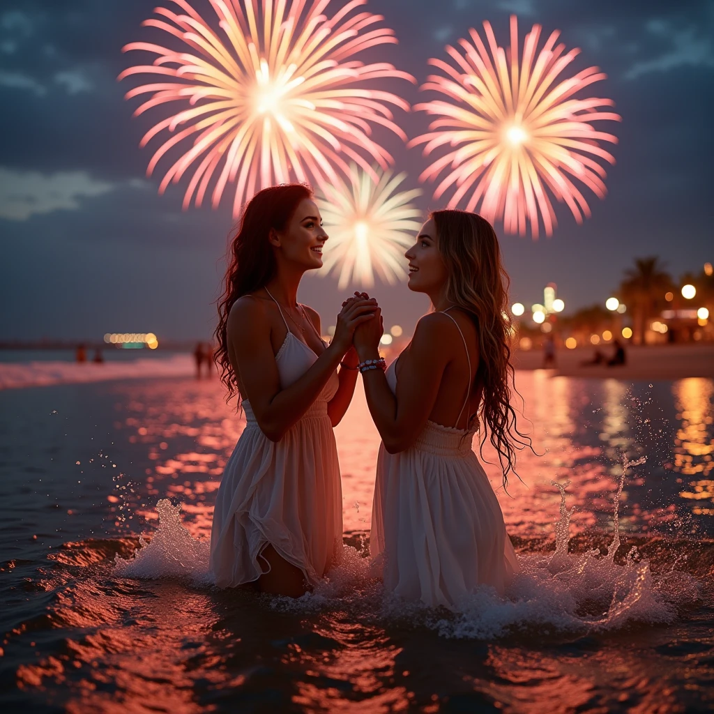 Create a joyful New Year’s Eve beach scene at Playa de la Malvarrosa in Valencia, Spain. Auri Martinez and her girlfriend are playing in the shallow waves under the sparkling fireworks in the sky. The vibrant colors of the fireworks reflect on the gently rippling water, enhancing the magical atmosphere of the night.

Auri Martinez (Photo Character Reference): Depict only Auri for detailed facial and physical reference. She has her deep auburn hair damp and clinging slightly to her back and shoulders, emerald green eyes sparkling with laughter as she splashes water. Her sun-kissed skin glows under the fireworks’ colorful light. Auri is wearing a flowing white beach dress now wet and slightly translucent, clinging to her form naturally as she moves gracefully in the water.
Girlfriend: A woman with long, golden blond hair, also damp from the water, cascading in loose waves. She wears a pastel beach dress, also wet and flowing naturally around her as she plays. Her expression is carefree and full of laughter, matching the light-hearted mood of the scene.
The two women are ankle-deep in the sea, splashing each other playfully, with droplets of water sparkling like tiny jewels in the light of the fireworks. Their movements are fluid and natural, radiating happiness and a deep connection. The shoreline glows faintly in the background, illuminated by the distant bonfire and the warm, colorful sky. The gentle waves add a dynamic touch, capturing the festive reflections of the fireworks above.

Render this scene in 8K Ultra HD for exceptional detail and realism. Use the photo character reference exclusively for Auri to ensure her features are authentic. Emphasize the textures of their wet hair and clothing, the motion of the water splashes, and the vibrant interplay of colors between the fireworks and the ocean. The lighting should blend the cool tones of the water with the vivid fireworks and the soft glow from the distant bonfire to create a balanced and immersive scene.