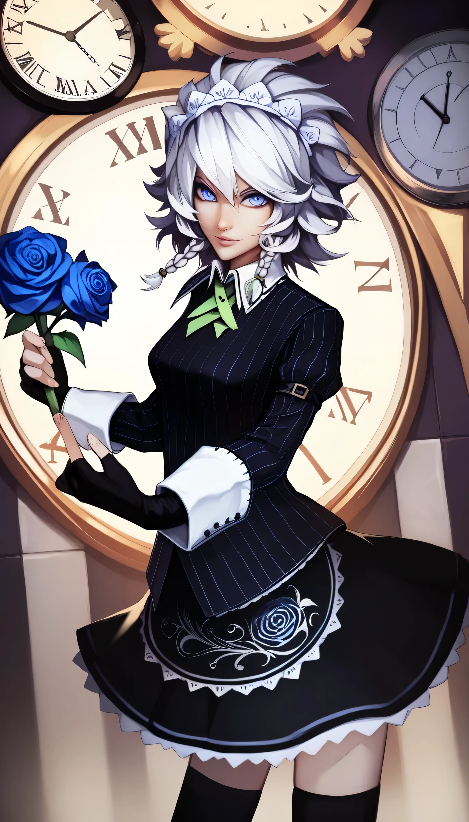 holding_Knife ,kdizay0i, white hair, twin braids, blue eyes
maid headdress, striped clothes, black shirt, striped shirt, collared shirt, long sleeves, black gloves, fingerless gloves, black skirt, black thighhighs, Castle,moon,Bat,Nights,1girl, solo, flower, blue rose, rose, blue flower, sword, blue eyes, clock, pocket watch, looking at viewer,